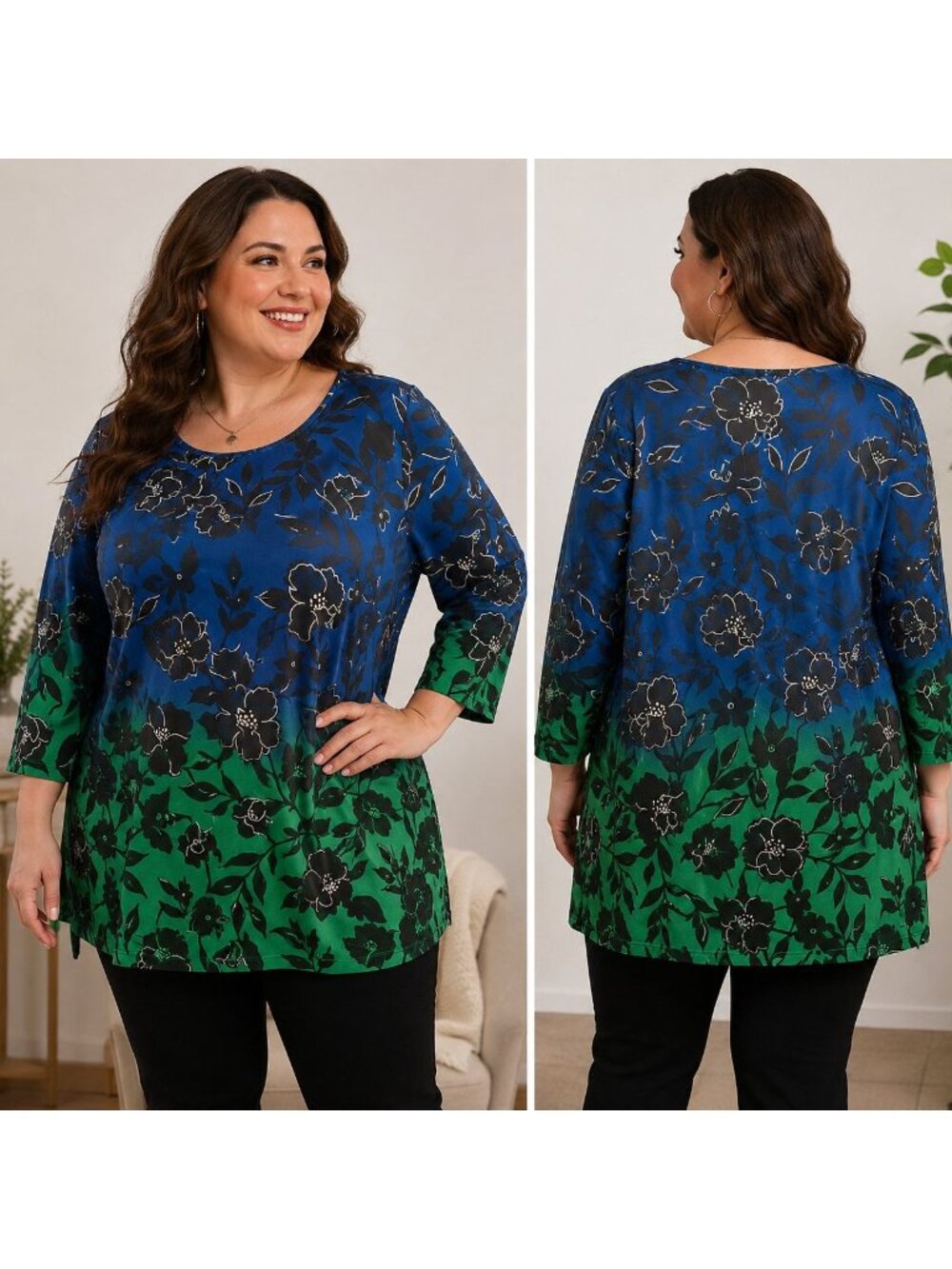 Tunic Top Plus Size Casual Blue Green Floral Relaxed 3/4 Sleeve Classic Women 4X